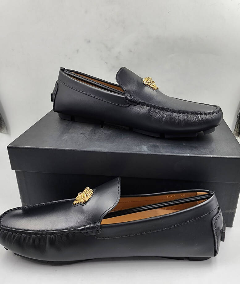 Versace La Medusa Driver Loafers Men's 45/12US Black/Gold Medusa Plaque Slip On