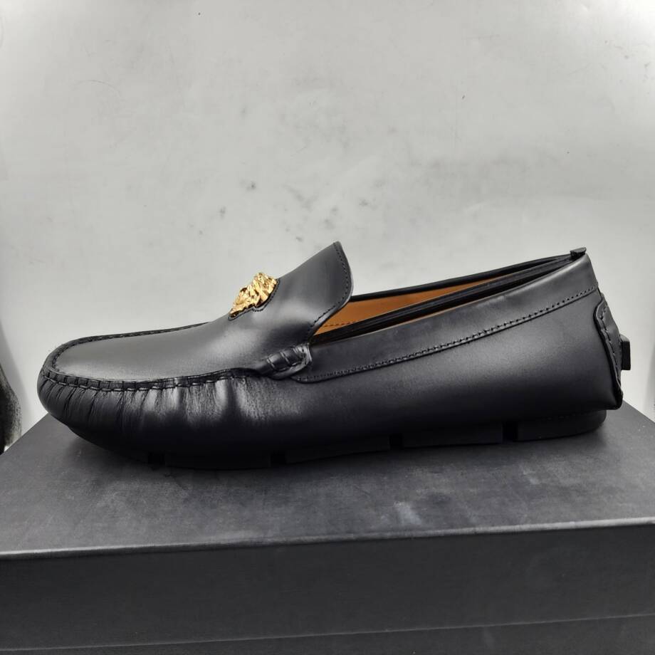 Versace La Medusa Driver Loafers Men's 45/12US Black/Gold Medusa Plaque Slip On