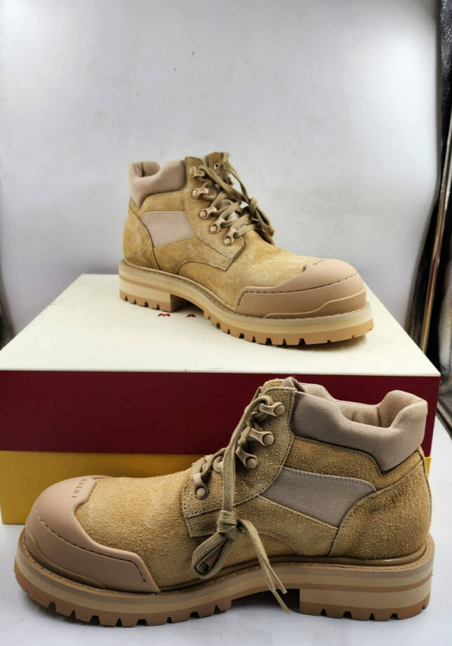 Marni Low Cut Neutral Patchy Suede Combat Boots Men's 44/11 US Beige Lace Up