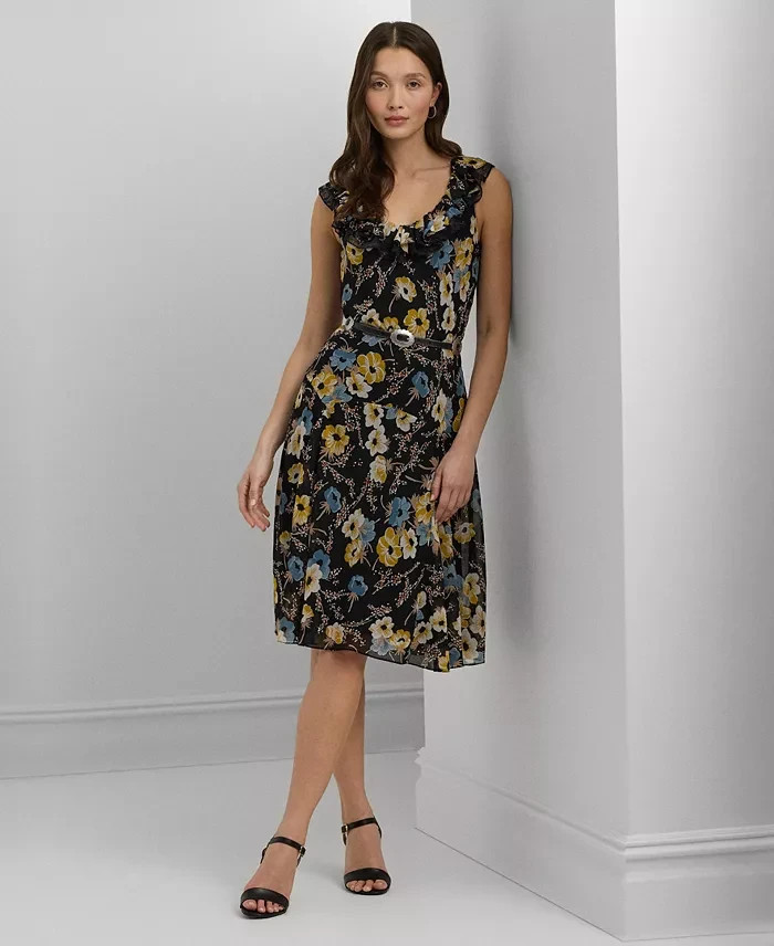 Lauren Ralph Lauren Floral A-Line Dress Women's 14 Black Multi Ruffle Sleeveless