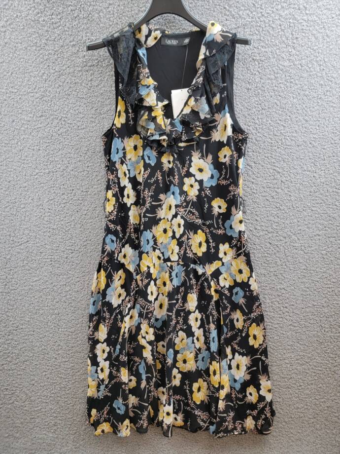 Lauren Ralph Lauren Floral A-Line Dress Women's 14 Black Multi Ruffle Sleeveless