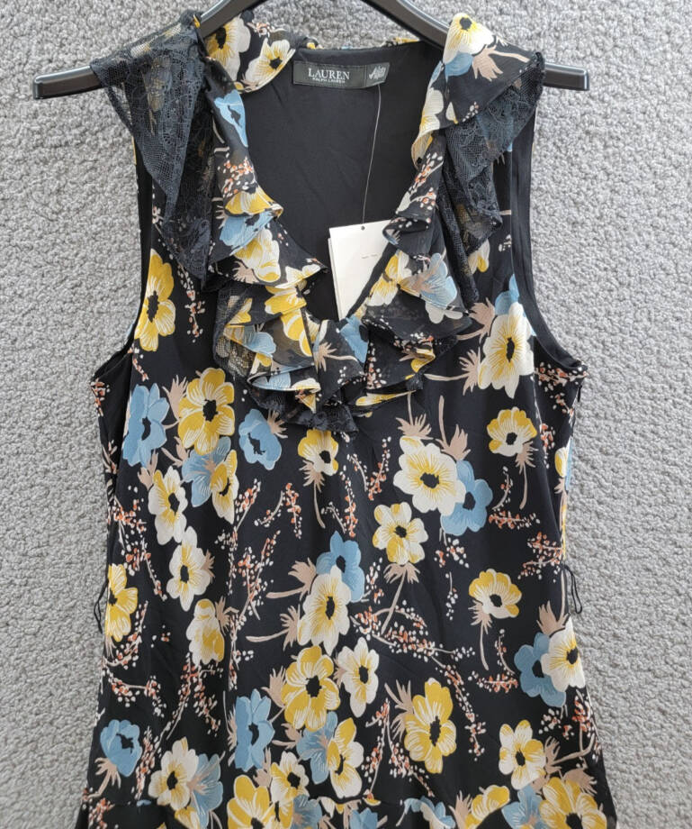 Lauren Ralph Lauren Floral A-Line Dress Women's 14 Black Multi Ruffle Sleeveless