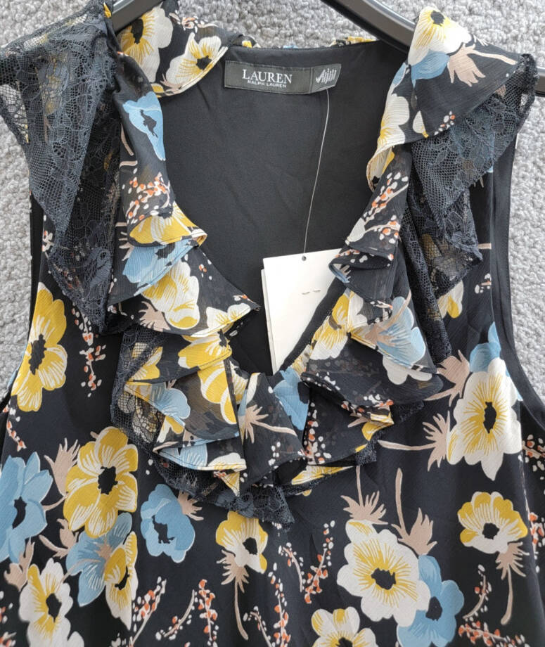Lauren Ralph Lauren Floral A-Line Dress Women's 14 Black Multi Ruffle Sleeveless