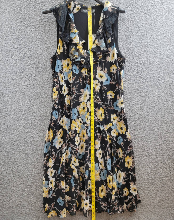 Lauren Ralph Lauren Floral A-Line Dress Women's 14 Black Multi Ruffle Sleeveless