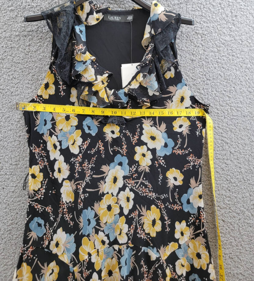 Lauren Ralph Lauren Floral A-Line Dress Women's 14 Black Multi Ruffle Sleeveless