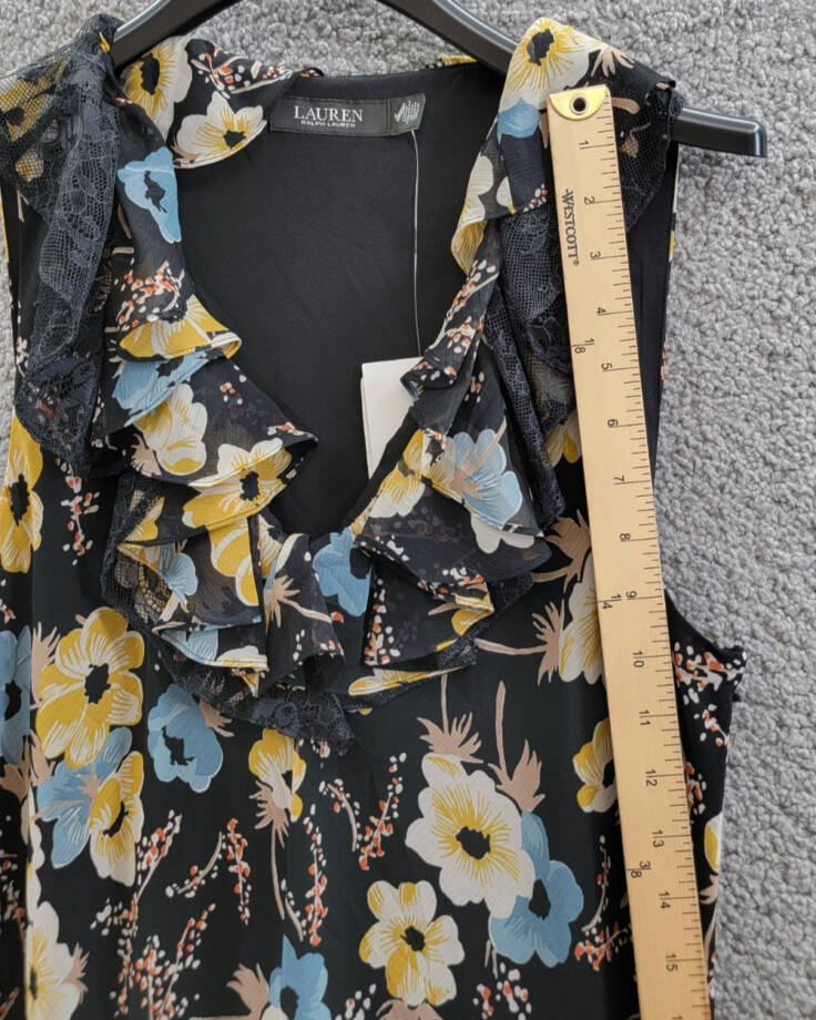 Lauren Ralph Lauren Floral A-Line Dress Women's 14 Black Multi Ruffle Sleeveless