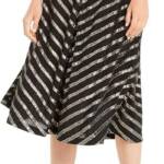 ALFANI Metallic Striped Midi Skirt Women's 8 Black/Gold Elastic Waist Pull On