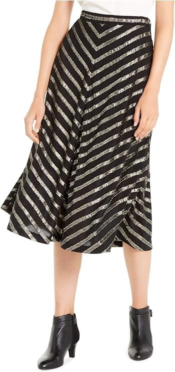 ALFANI Metallic Striped Midi Skirt Women's 8 Black/Gold Elastic Waist Pull On
