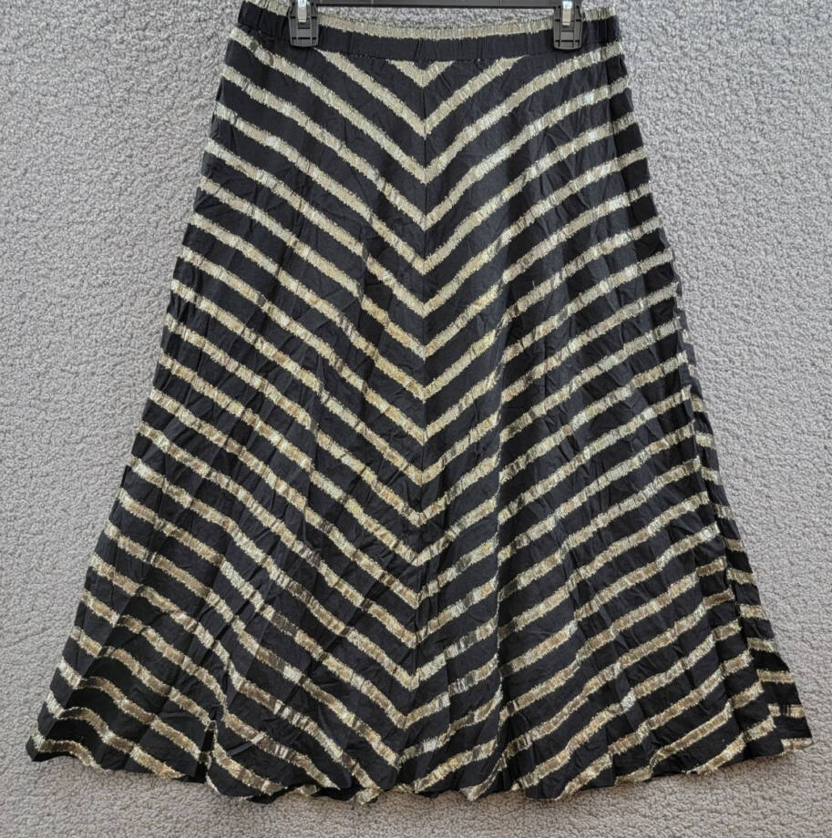 ALFANI Metallic Striped Midi Skirt Women's 8 Black/Gold Elastic Waist Pull On
