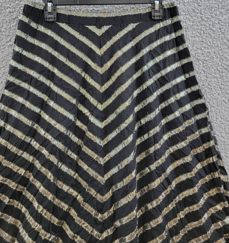 ALFANI Metallic Striped Midi Skirt Women's 8 Black/Gold Elastic Waist Pull On