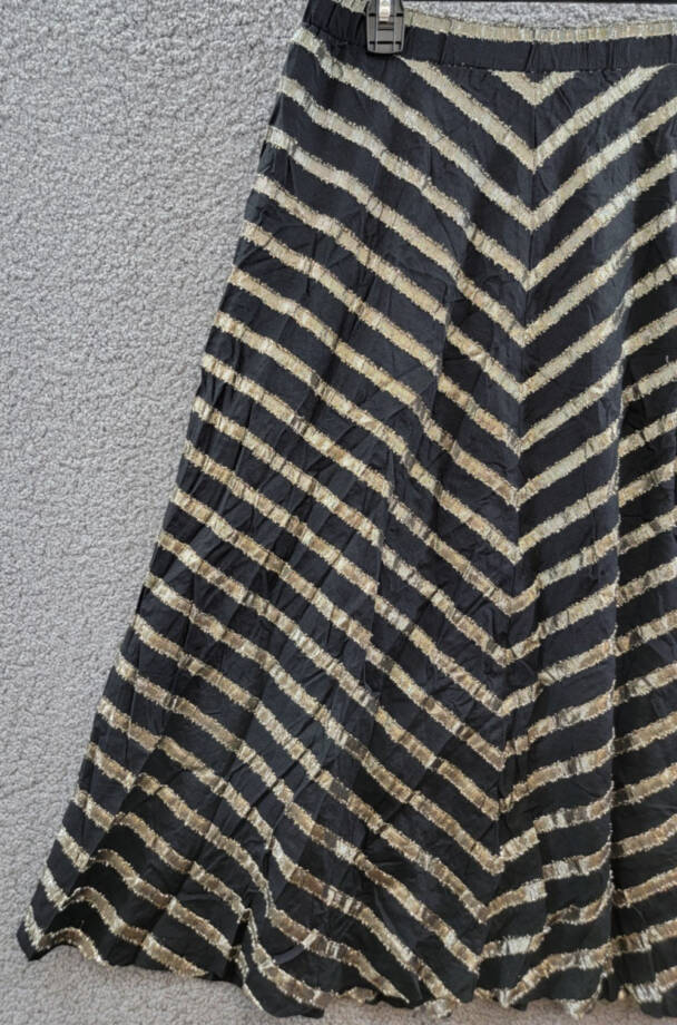 ALFANI Metallic Striped Midi Skirt Women's 8 Black/Gold Elastic Waist Pull On