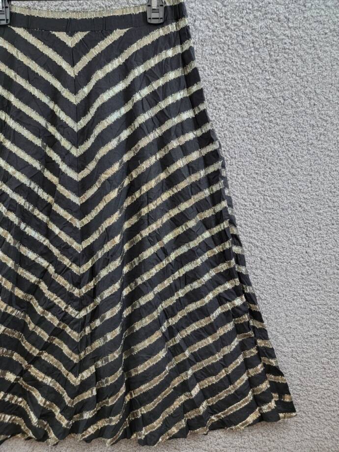 ALFANI Metallic Striped Midi Skirt Women's 8 Black/Gold Elastic Waist Pull On
