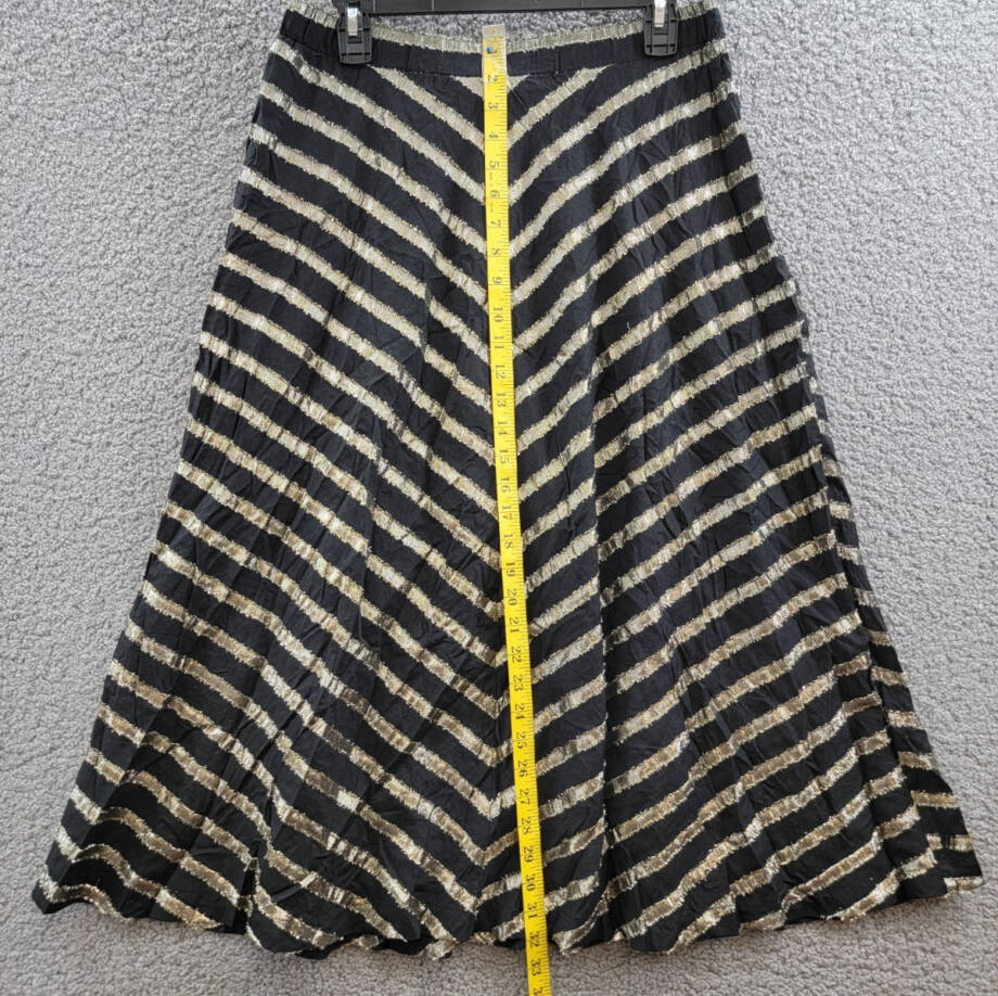 ALFANI Metallic Striped Midi Skirt Women's 8 Black/Gold Elastic Waist Pull On