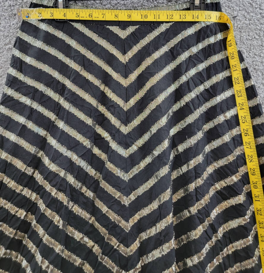 ALFANI Metallic Striped Midi Skirt Women's 8 Black/Gold Elastic Waist Pull On