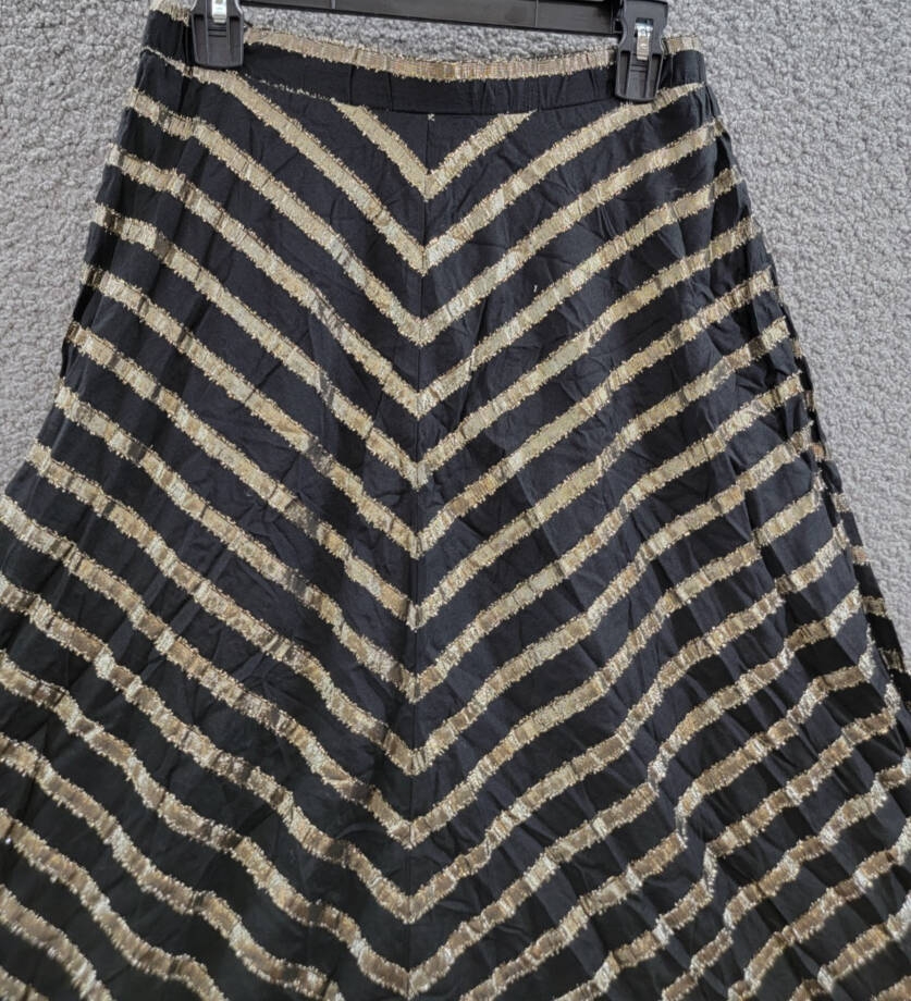 ALFANI Metallic Striped Midi Skirt Women's 8 Black/Gold Elastic Waist Pull On