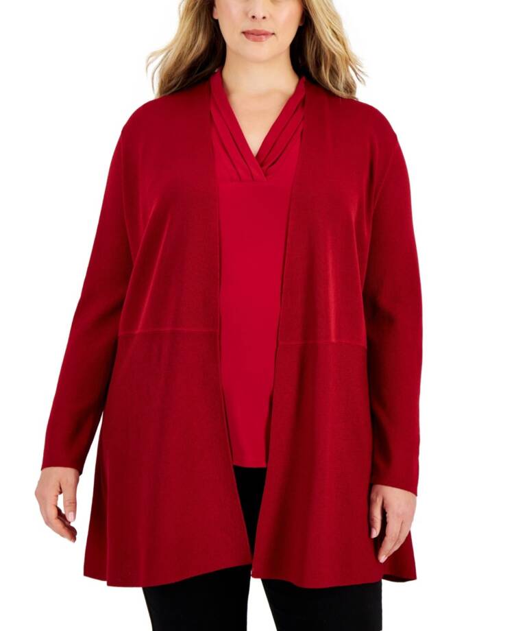 Anne Klein Plus Size Monterey Open-Front Cardigan Women's 1X Titian Red L/S