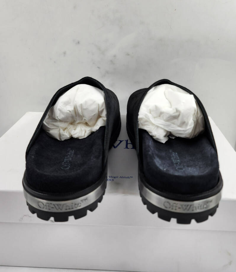 Off-White Metal Logo Slip On Mules Men's 41/8US Black/Silver Heel Embossed logo