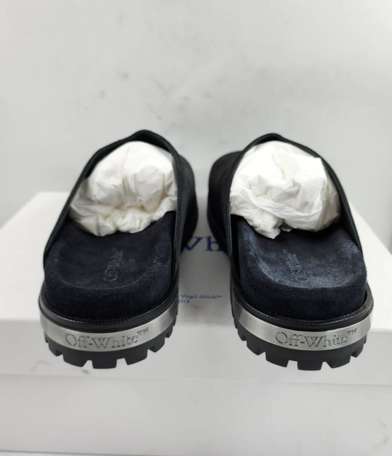 Off-White Metal Logo Slip On Mules Men's 41/8US Black/Silver Heel Embossed logo