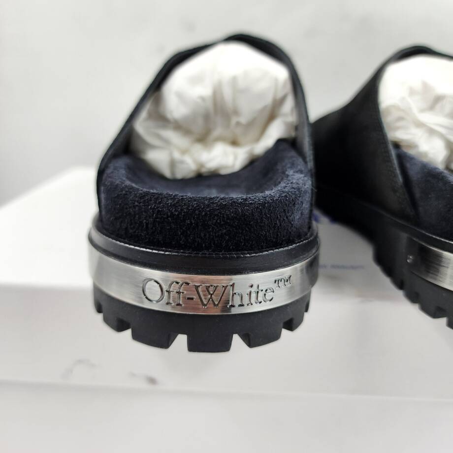Off-White Metal Logo Slip On Mules Men's 41/8US Black/Silver Heel Embossed logo