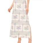 CeCe Floral Print A-Line Maxi Skirt Women's 2 Egret Multi Linen Blend Side Zip