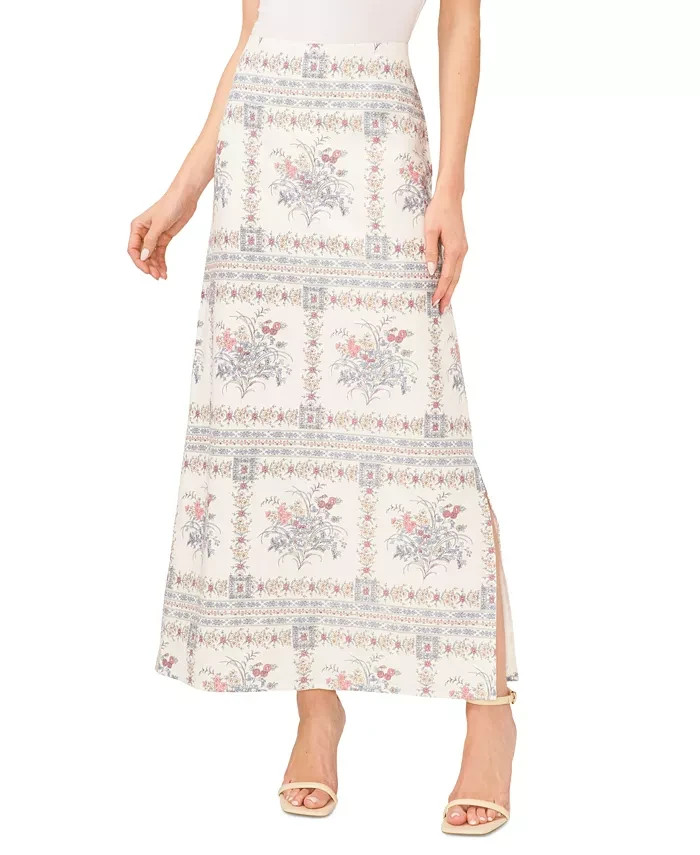 CeCe Floral Print A-Line Maxi Skirt Women's 2 Egret Multi Linen Blend Side Zip