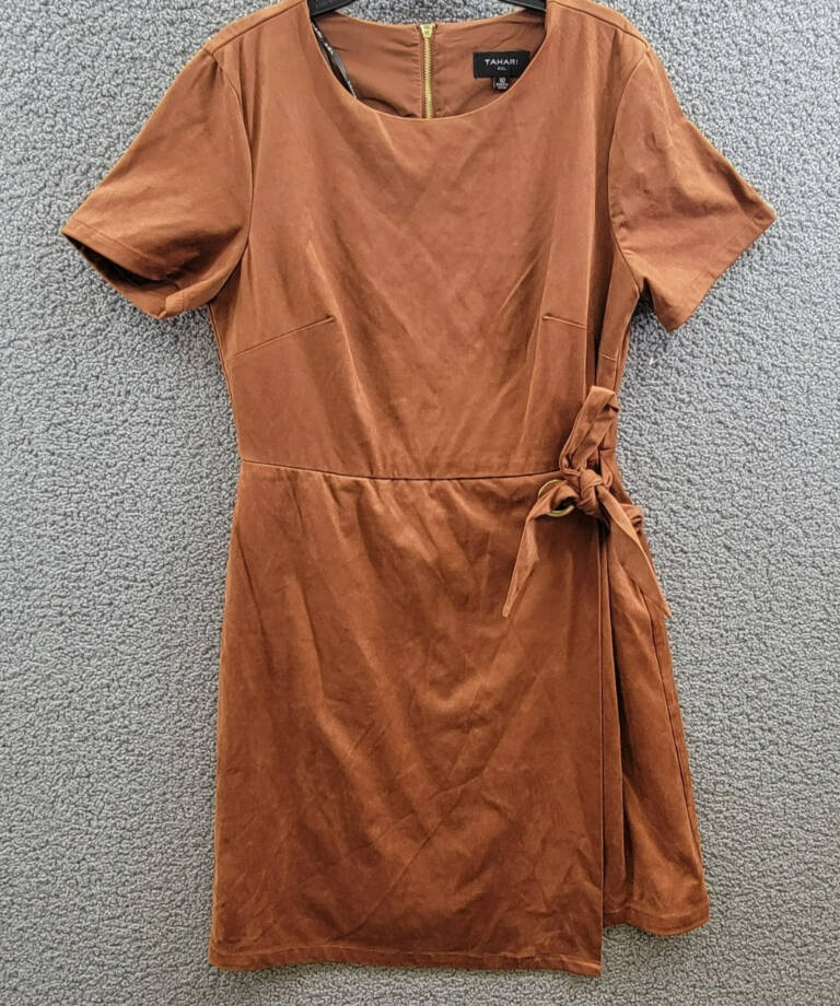 Tahari ASL Faux-Suede Sheath Dress Women's 10 Walnut Round Neck Back Zip Closure