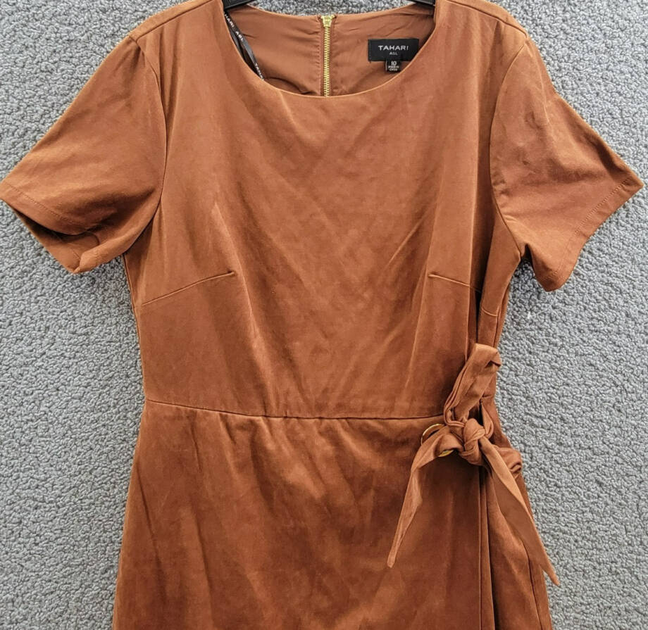 Tahari ASL Faux-Suede Sheath Dress Women's 10 Walnut Round Neck Back Zip Closure