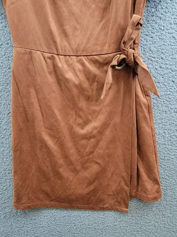Tahari ASL Faux-Suede Sheath Dress Women's 10 Walnut Round Neck Back Zip Closure