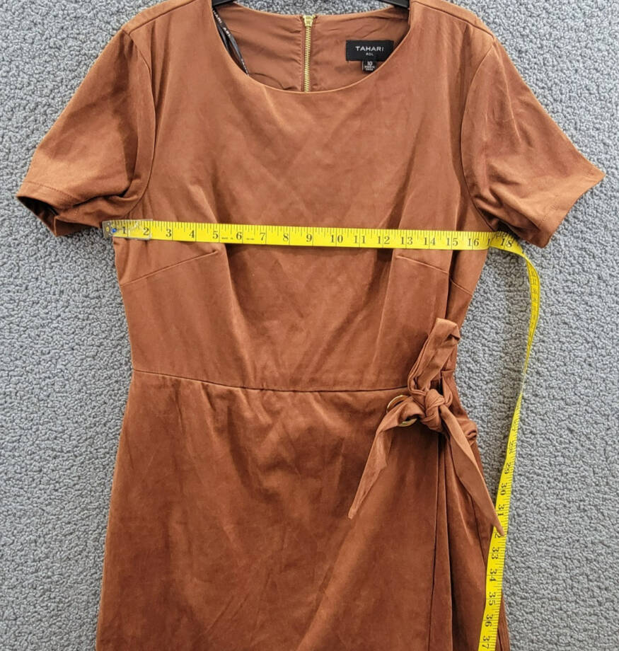 Tahari ASL Faux-Suede Sheath Dress Women's 10 Walnut Round Neck Back Zip Closure