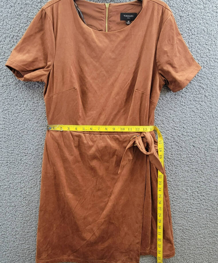 Tahari ASL Faux-Suede Sheath Dress Women's 10 Walnut Round Neck Back Zip Closure