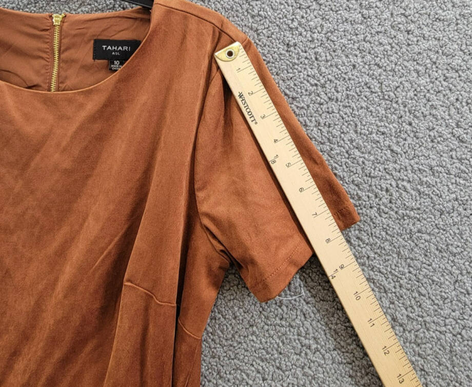 Tahari ASL Faux-Suede Sheath Dress Women's 10 Walnut Round Neck Back Zip Closure