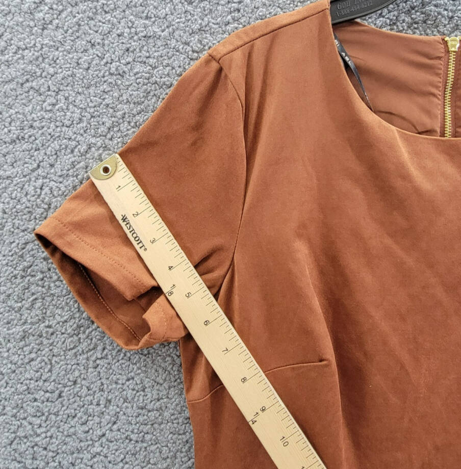 Tahari ASL Faux-Suede Sheath Dress Women's 10 Walnut Round Neck Back Zip Closure