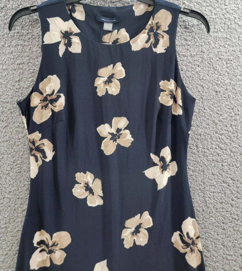 Tommy Hilfiger Floral A-Line Dress Women's 2 Sky Captain/Khaki Crewneck Pullover