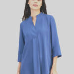 Anne Klein Pleat-Front 3/4-Sleeve Tunic Top Women's L Blue Jay V-Neck Pullover