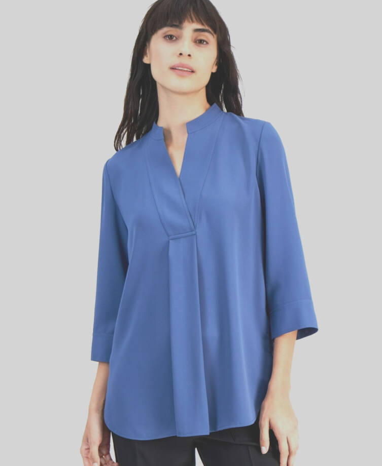 Anne Klein Pleat-Front 3/4-Sleeve Tunic Top Women's L Blue Jay V-Neck Pullover