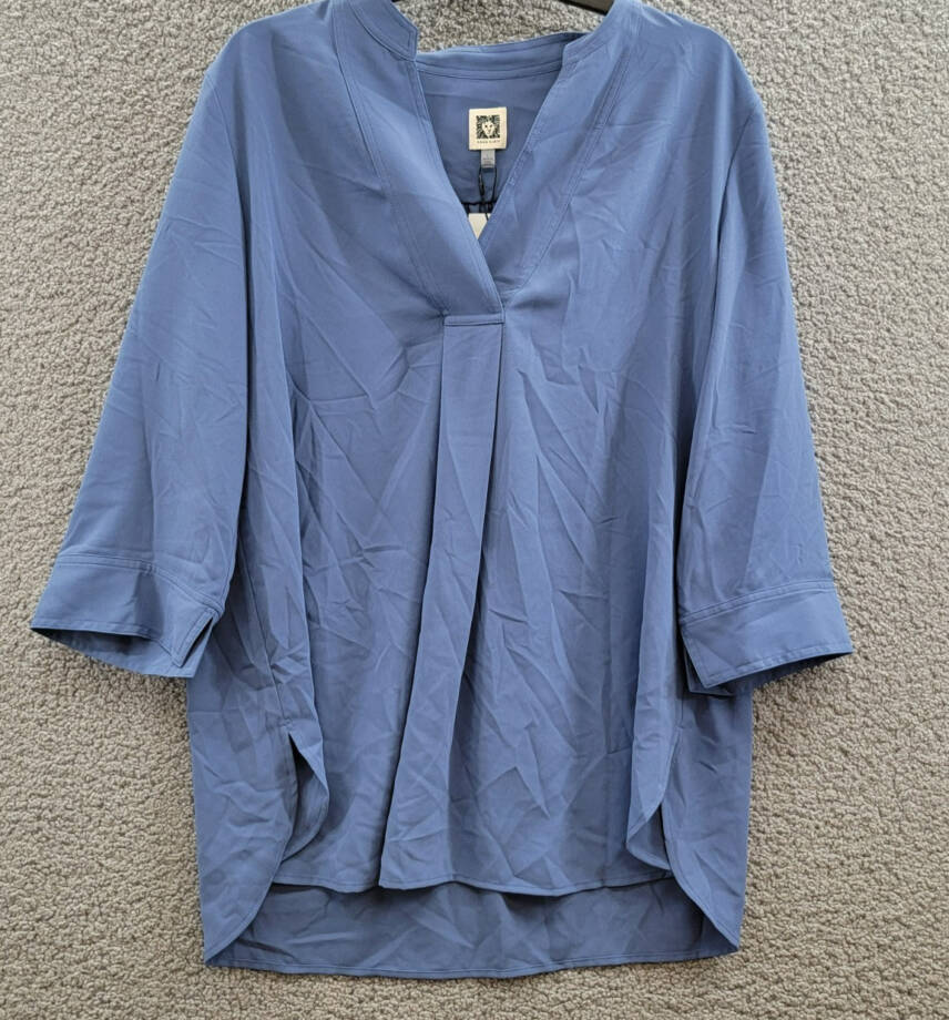 Anne Klein Pleat-Front 3/4-Sleeve Tunic Top Women's L Blue Jay V-Neck Pullover