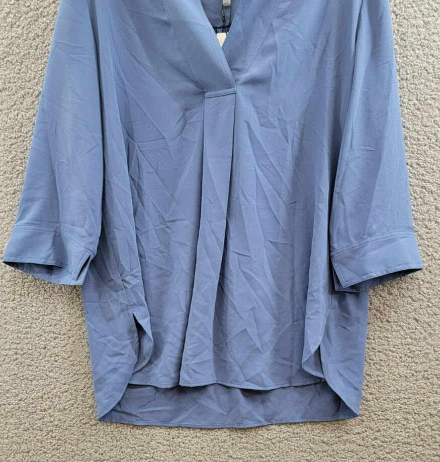 Anne Klein Pleat-Front 3/4-Sleeve Tunic Top Women's L Blue Jay V-Neck Pullover