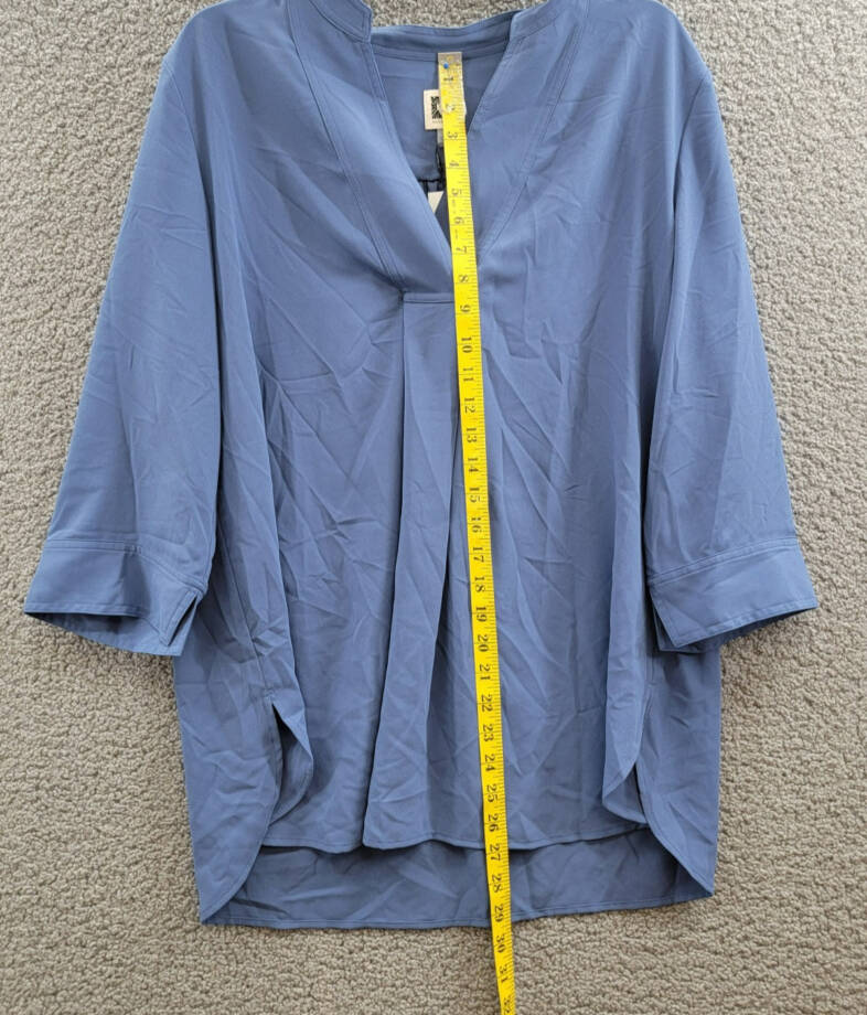 Anne Klein Pleat-Front 3/4-Sleeve Tunic Top Women's L Blue Jay V-Neck Pullover