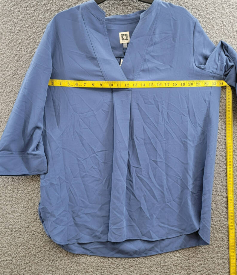 Anne Klein Pleat-Front 3/4-Sleeve Tunic Top Women's L Blue Jay V-Neck Pullover