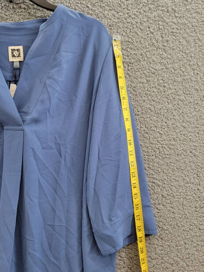 Anne Klein Pleat-Front 3/4-Sleeve Tunic Top Women's L Blue Jay V-Neck Pullover