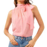 1.STATE Sleeveless Tie-Neck Halter Blouse Women's XS Rose Gauze Button Closure
