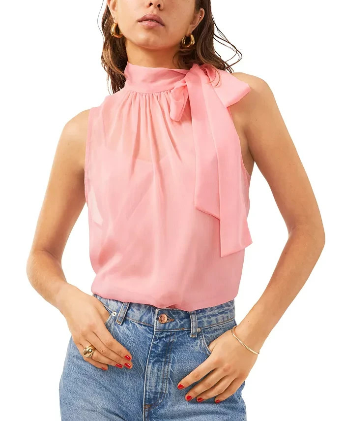 1.STATE Sleeveless Tie-Neck Halter Blouse Women's XS Rose Gauze Button Closure