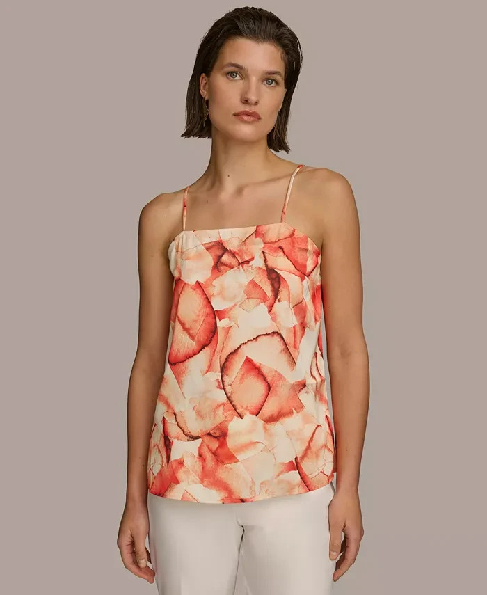 Donna Karan New York Printed Square-Neck Tank Top Women's L Terracotta Pullover