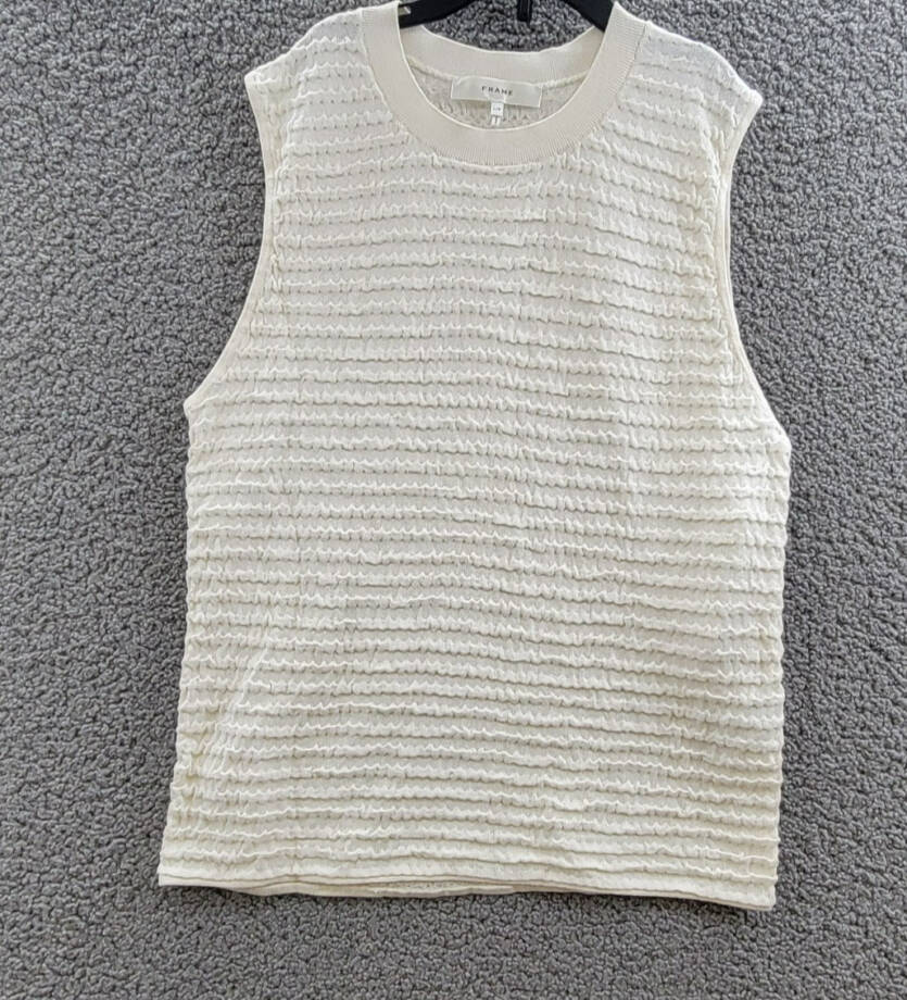 FRAME Smocked Silk Blend Sleeveless Top Women's L White Knit Crewneck Pullover