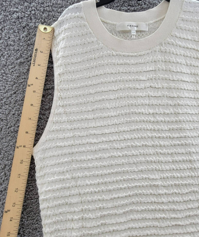 FRAME Smocked Silk Blend Sleeveless Top Women's L White Knit Crewneck Pullover