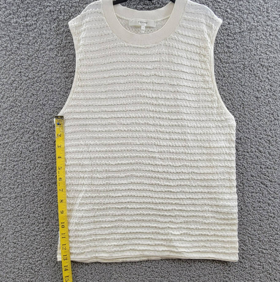 FRAME Smocked Silk Blend Sleeveless Top Women's L White Knit Crewneck Pullover