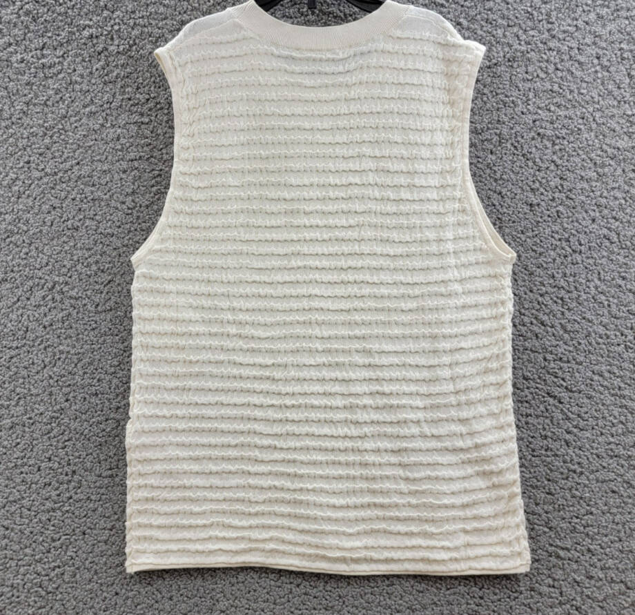 FRAME Smocked Silk Blend Sleeveless Top Women's L White Knit Crewneck Pullover