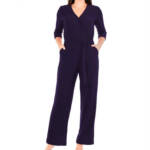 NY Collection Petite 3/4 Sleeve Belted Jumpsuit Women's PL Navy Blue Solid