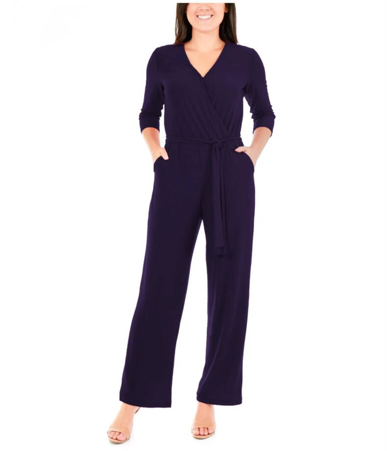 NY Collection Petite 3/4 Sleeve Belted Jumpsuit Women's PL Navy Blue Solid