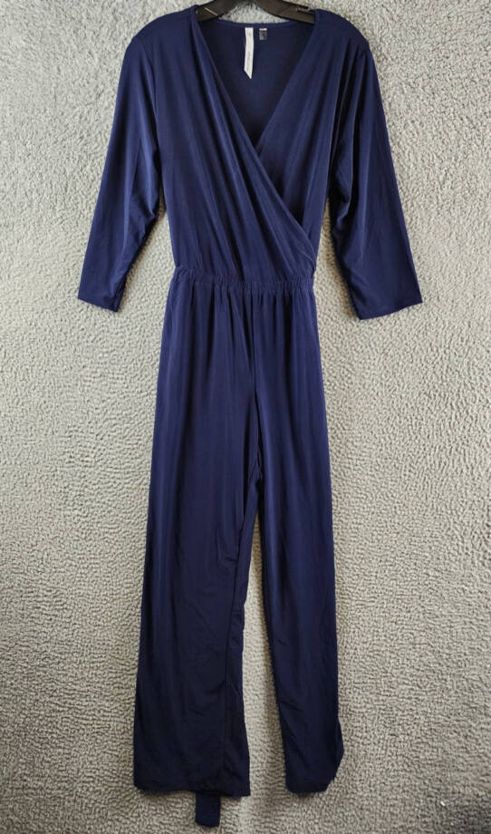 NY Collection Petite 3/4 Sleeve Belted Jumpsuit Women's PL Navy Blue Solid